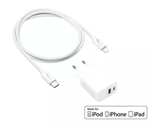 USB C+A Lade-Set 20W, PD, Lightning/C 20W, 3,6V~5,9V/3A; 6~9V/2A; 9V~12V/1,5A, weiß, DINIC Box mit Euroloch, 1m