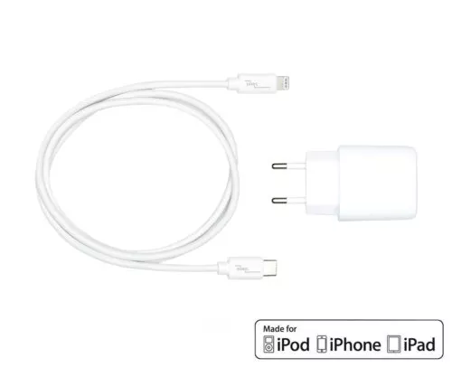 USB C+A Lade-Set 20W, PD, Lightning/C 20W, 3,6V~5,9V/3A; 6~9V/2A; 9V~12V/1,5A, weiß, DINIC Box mit Euroloch, 1m