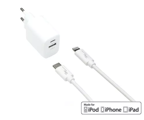 USB C+A Lade-Set 20W, PD, Lightning/C 20W, 3,6V~5,9V/3A; 6~9V/2A; 9V~12V/1,5A, weiß, DINIC Box mit Euroloch, 1m