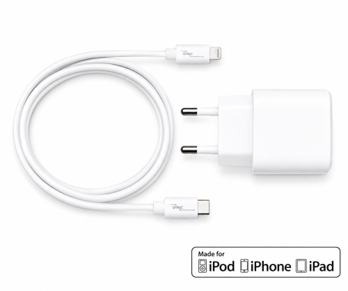 USB C+A Lade-Set 20W, PD, Lightning/C 20W, 3,6V~5,9V/3A; 6~9V/2A; 9V~12V/1,5A, weiß, DINIC Box mit Euroloch, 2m