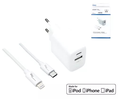 USB C+A Lade-Set 20W, PD, Lightning/C 20W, 3,6V~5,9V/3A; 6~9V/2A; 9V~12V/1,5A, weiß, DINIC Box mit Euroloch, 2m