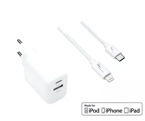 USB C+A Lade-Set 20W, PD, Lightning/C 20W, 3,6V~5,9V/3A; 6~9V/2A; 9V~12V/1,5A, weiß, DINIC Box mit Euroloch, 2m