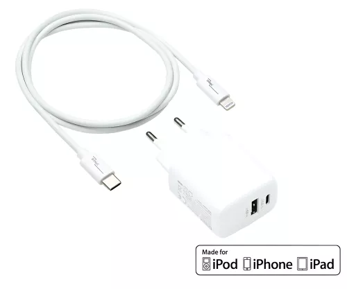 USB C+A Lade-Set 20W, PD, Lightning/C 20W, 3,6V~5,9V/3A; 6~9V/2A; 9V~12V/1,5A, weiß, DINIC Box mit Euroloch, 2m