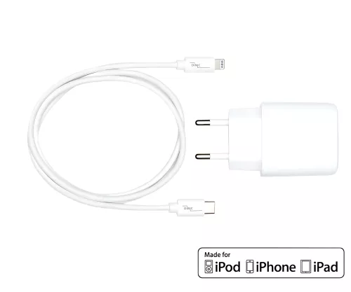USB C+A Lade-Set 20W, PD, Lightning/C 20W, 3,6V~5,9V/3A; 6~9V/2A; 9V~12V/1,5A, weiß, DINIC Box mit Euroloch, 2m