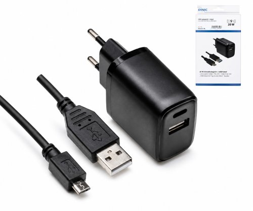 Adaptateur de charge USB PD/QC 3.0 avec câble micro USB 20W, 3,6V~5,9V/3A ; 6~9V/2A ; 9V~12V/1,5A, noir, boîte DINIC avec trou européen, 2m