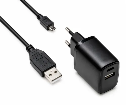 Adaptateur de charge USB PD/QC 3.0 avec câble micro USB 20W, 3,6V~5,9V/3A ; 6~9V/2A ; 9V~12V/1,5A, noir, boîte DINIC avec trou européen, 2m