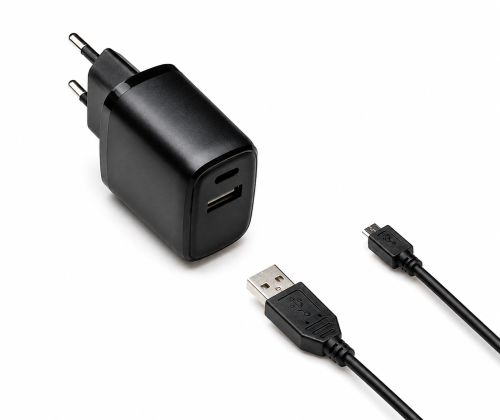 Adaptateur de charge USB PD/QC 3.0 avec câble micro USB 20W, 3,6V~5,9V/3A ; 6~9V/2A ; 9V~12V/1,5A, noir, boîte DINIC avec trou européen, 2m