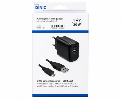 Adaptateur de charge USB PD/QC 3.0 avec câble micro USB 20W, 3,6V~5,9V/3A ; 6~9V/2A ; 9V~12V/1,5A, noir, boîte DINIC avec trou européen, 2m