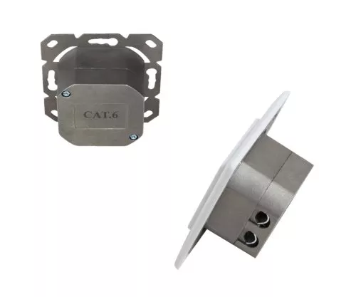 Presa di rete Cat.6/5 doppia, RJ45, universale da incasso e da superficie, schermata, LSA, scatola di cartone