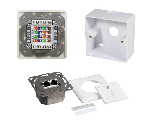 Cat.6/5 network socket double, RJ45, universal flush-mounted and surface-mounted, shielded, LSA, cardboard box
