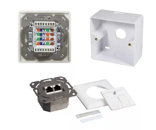 Presa di rete Cat.6/5 doppia, RJ45, universale da incasso e da superficie, schermata, LSA, scatola di cartone