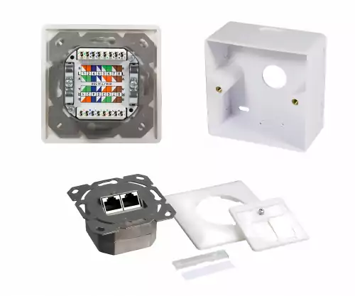 Cat.6/5 Netzwerkdose zweifach, RJ45, universell Unter- u. Aufputz, geschirmt, LSA, Karton