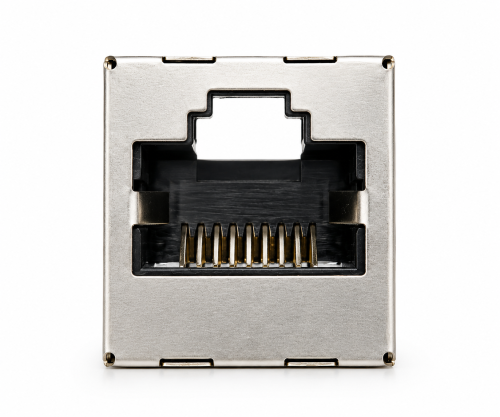 Ficha DINIC RJ45 Cat.6A/5e fêmea para fêmea RJ45, blindada, totalmente metálica, caixa DINIC com orifício Euro