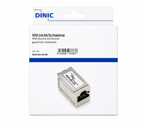 Ficha DINIC RJ45 Cat.6A/5e fêmea para fêmea RJ45, blindada, totalmente metálica, caixa DINIC com orifício Euro