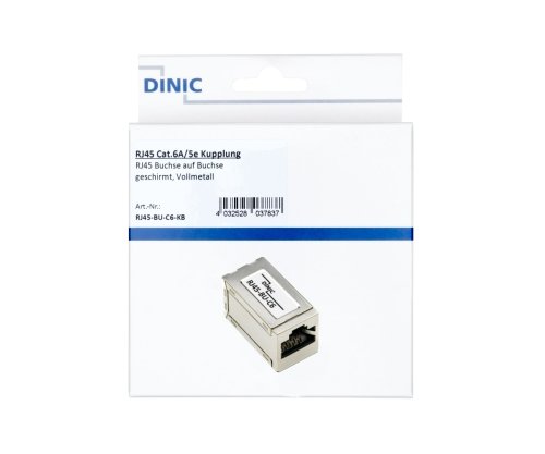 DINIC RJ45 Cat.6A/5e moteriškas RJ45 lizdas su moterišku RJ45 lizdu, ekranuotas, metalinis, DINIC dėžutė su Euro skyle