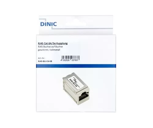DINIC RJ45 Cat.6A/5e female to female RJ45 jack, shielded, full metal, DINIC box with Euro hole