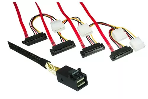 SAS Kabel SFF-8643 auf SFF-8482 gewinkelt, 0,75m HD mini SAS auf 4x Data/Power, Low Profile