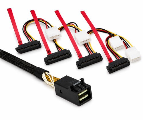 SAS кабел SFF-8643 към SFF-8482 под ъгъл, HD mini SAS към 4x Data/Power, нисък профил, дължина 0,75 м
