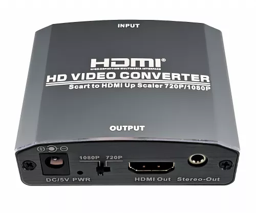 SCART-HDMI adapter, analogue video and audio to HDMI up to 1080p@60Hz, DINIC box with Eurohole, cable length 1.10m