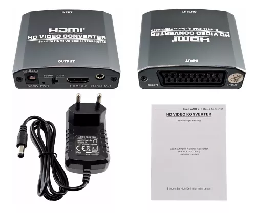 SCART-HDMI adapter, analogue video and audio to HDMI up to 1080p@60Hz, DINIC box with Eurohole, cable length 1.10m