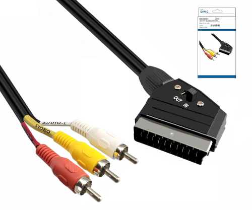 DINIC scart to cinch cable, scart plug - 3x cinch plug, IN/OUT switch, DINIC box with Euro hole, length 2m