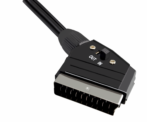 DINIC scart to cinch cable, scart plug - 3x cinch plug, IN/OUT switch, DINIC box with Euro hole, length 2m