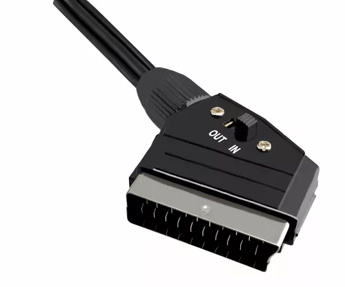 DINIC câble Péritel vers RCA, Péritel mâle - 3x RCA mâles, commutateur IN/OUT, boîte DINIC avec trou européen, longueur 2m