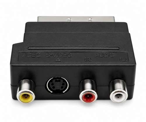 Ficha scart DINIC com interrutor IN/OUT, tomada RCA de 3 pinos e tomada mini DIN de 4 pinos, caixa DINIC com orifício europeu