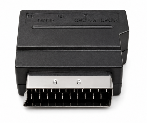 Ficha scart DINIC com interrutor IN/OUT, tomada RCA de 3 pinos e tomada mini DIN de 4 pinos, caixa DINIC com orifício europeu