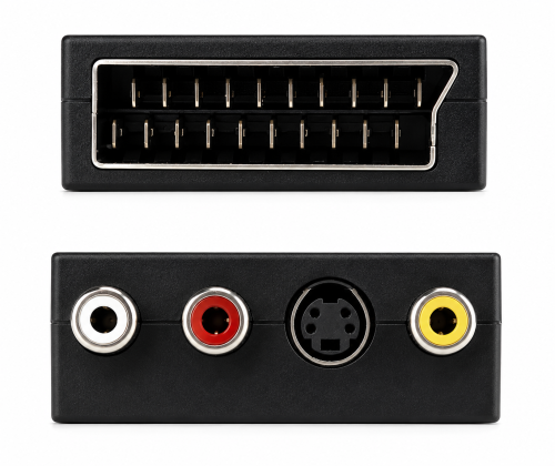 Ficha scart DINIC com interrutor IN/OUT, tomada RCA de 3 pinos e tomada mini DIN de 4 pinos, caixa DINIC com orifício europeu