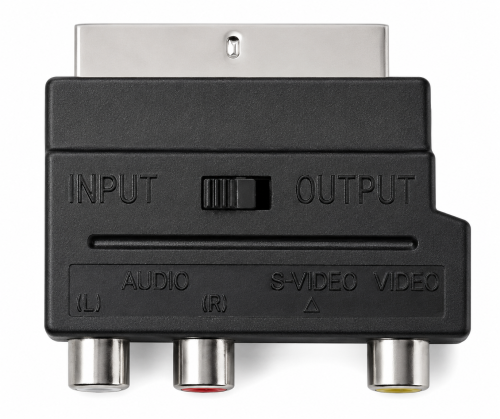 Ficha scart DINIC com interrutor IN/OUT, tomada RCA de 3 pinos e tomada mini DIN de 4 pinos, caixa DINIC com orifício europeu
