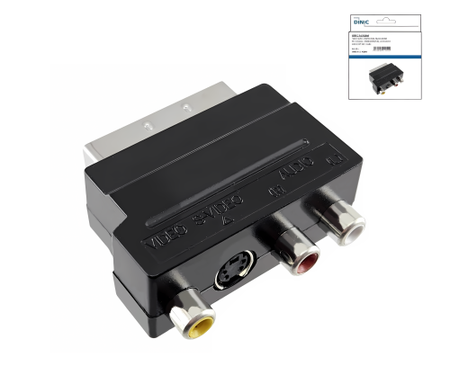 DINIC scartkontakt med IN/OUT-omkopplare, 3x RCA-uttag och 4-polig mini DIN-uttag, DINIC-låda med Euro-hål