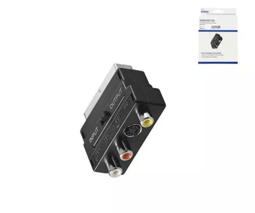 DINIC scart plug with IN/OUT switch, 3x RCA socket and 4-pin mini DIN socket, DINIC box with Euro hole