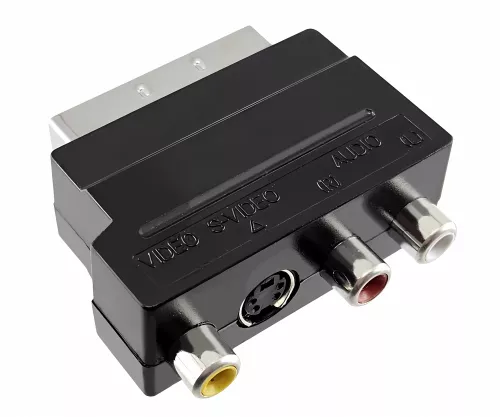 DINIC scart щепсел с превключвател IN/OUT, 3x RCA гнездо и 4-пинов мини DIN контакт, DINIC кутия с евроотвор