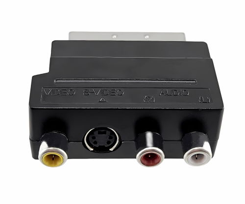 DINIC scart-stik med IN/OUT-kontakt, 3x RCA-stik og 4-polet mini DIN-stik, DINIC-boks med Euro-hul