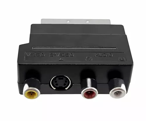 DINIC scartkontakt med IN/OUT-omkopplare, 3x RCA-uttag och 4-polig mini DIN-uttag, DINIC-låda med Euro-hål