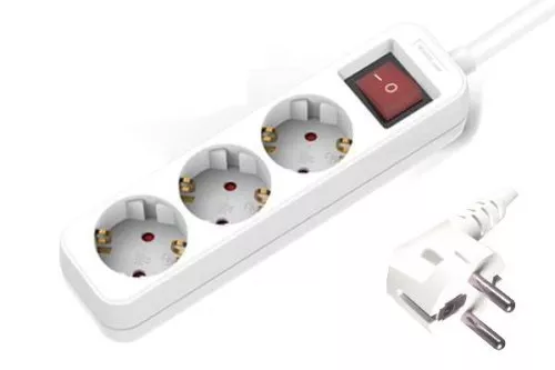 Power strip, 3-way, with switch, GS, CE, white, cable length 1.30m