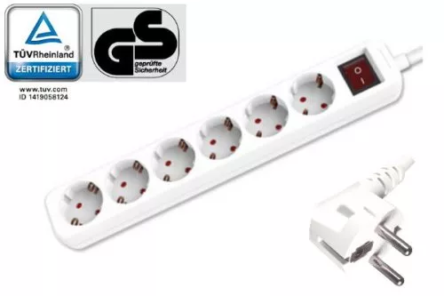 Power strip, 6-way, with switch, GS, CE, white, cable length 1.30m