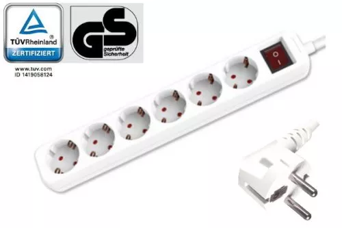 Base de enchufe múltiple, 6 vías, con interruptor, GS, CE, blanco, longitud de cable 1,30 m