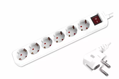 Socket strip, 6-way, with switch, GS, CE, white, cable length 1.30m