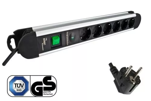 Power strip aluminum, 6-way, with overvoltage protection, GS, CE, cable length 1.40m