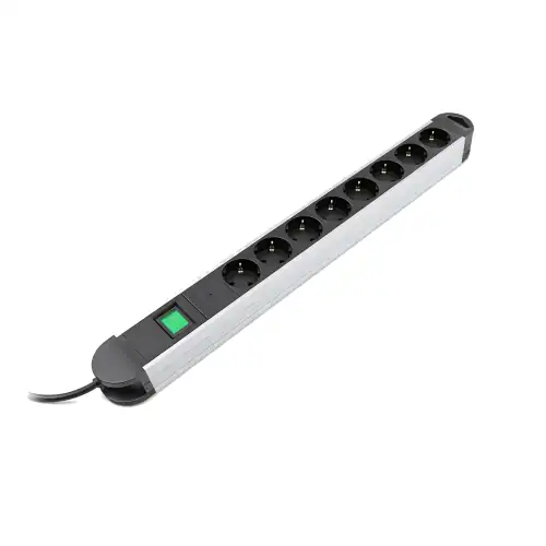 Multiple socket outlet with overvoltage protection, 8-way aluminium, 1.4m cable, slim design