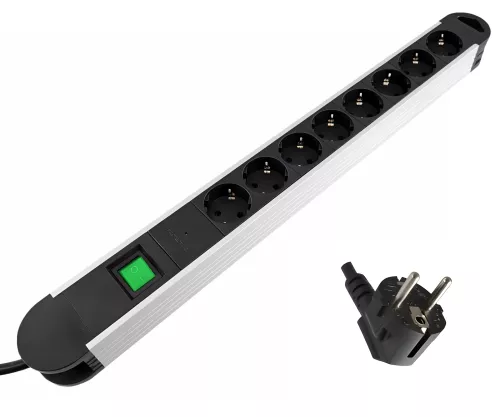 Meervoudige contactdoos met overspanningsbeveiliging, 8-voudig aluminium, 1,4 m kabel, slank ontwerp Meervoudige contactdoos met overspanningsbeveiliging, 8-voudig aluminium, 1,4 m kabel, slank ontwerp