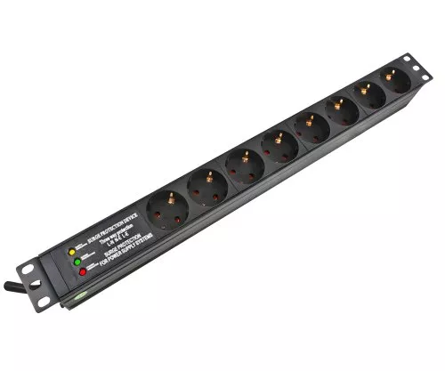 19-calowa aluminiowa listwa zasilająca, 8-drożna, zabezpieczenie przeciwprzepięciowe, LED, GS, czarna, długość przewodu 1,80 m