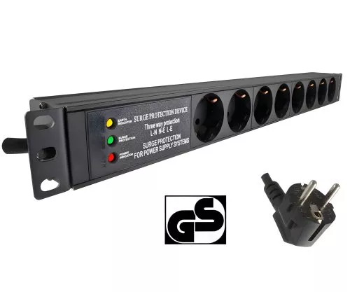 19-inch socket strip aluminium, 8-way, overvoltage protection, LED, GS, black, cable length 1.80m
