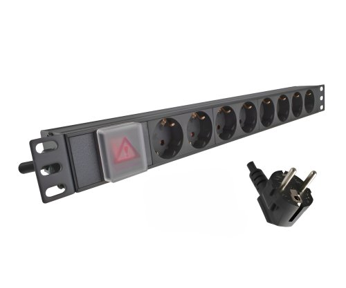 19 inch contactdoosstrip aluminium met schakelaar, 8-voudig, zwart, kabellengte 1,80m