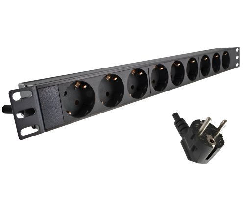 19 inch socket strip aluminium, 9-way, GS, black, cable length 1.80m