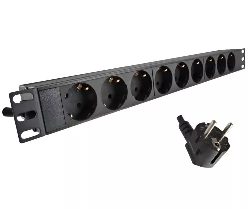 19 inch socket strip aluminium, 9-way, GS, black, cable length 1.80m