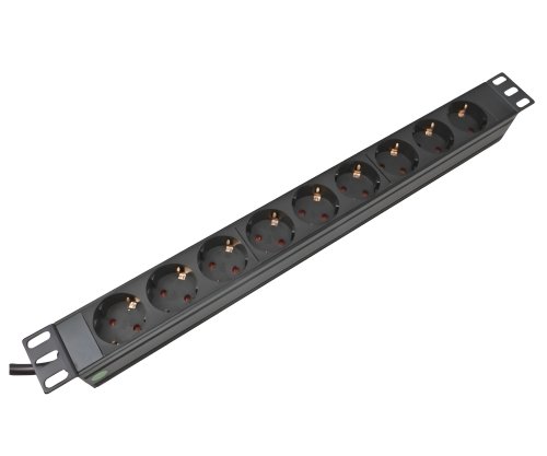 19 inch socket strip aluminium, 9-way, GS, black, cable length 1.80m