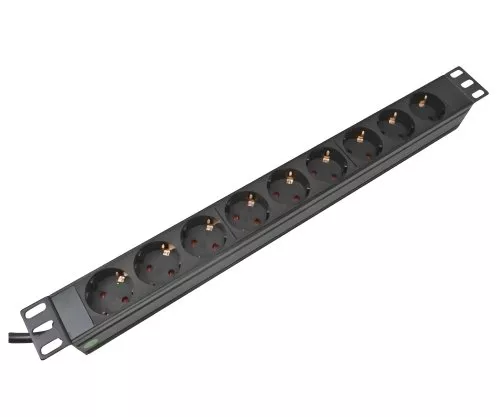 Regleta de enchufes de 19 pulgadas de aluminio, 9 vías, GS, negro, longitud de cable 1,80 m